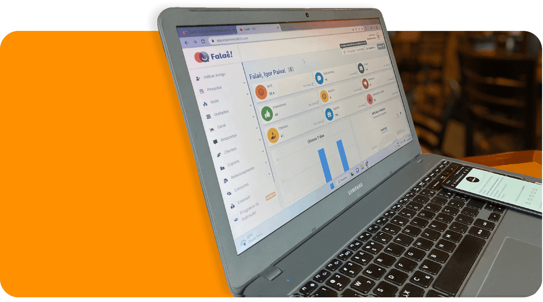 Dashboard da plataforma Falaê mostrando métricas e gráficos